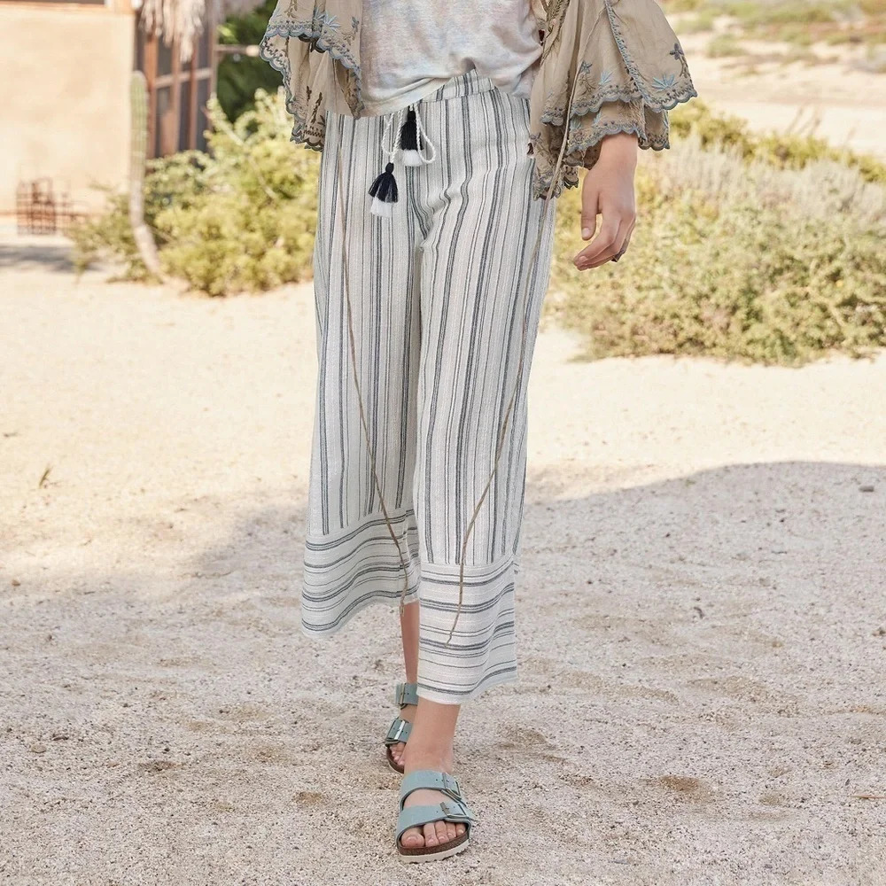 Sundance Catalog Salty Breeze Pants Cotton Striped Tassel Cozy Lagenlook Size S